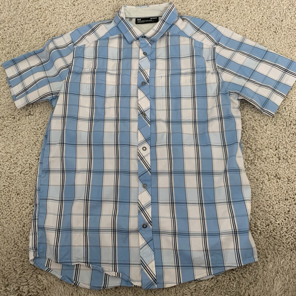 Under Armour UA Shirt Mens Large HITCH Button Up Woven Fishing Blue Plaid