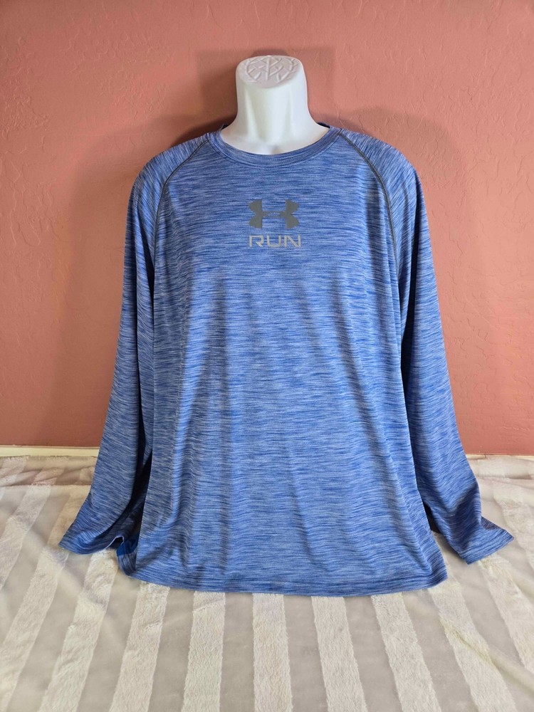 Under Armour Fitted Run Heather Blue Mens Heatgear Long Sleeve Shirt Size 2XL