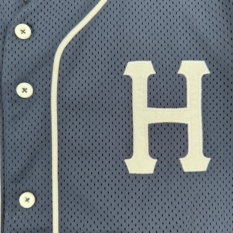 HUF Baseball Jersey Mens 2XL Blue Short Sleeve Mesh Button H Logo Top Shirt gallery