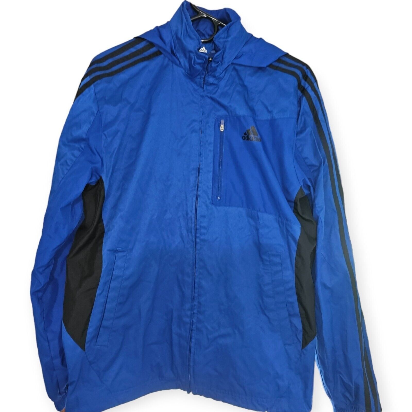 Adidas Mens Small Blue Black 3 Stripe Full Zip Light Lined Hood Track Top Jacket gallery