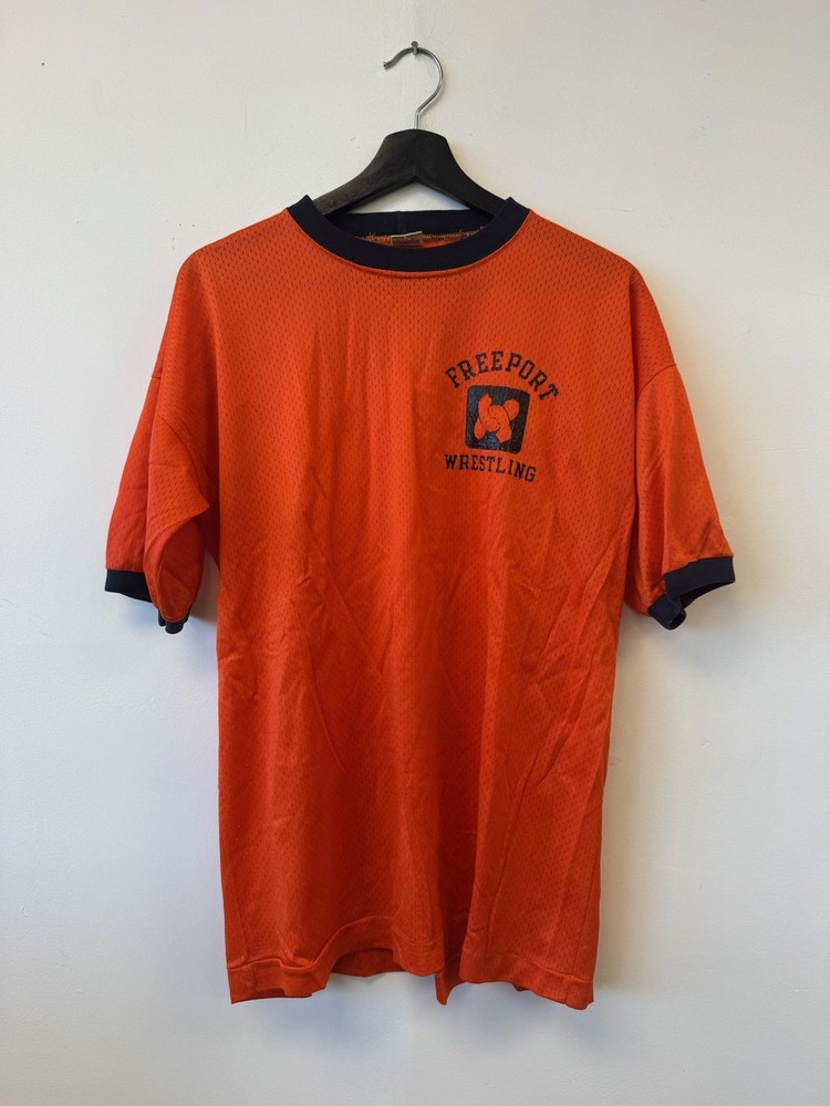 Vintage Champion Shirt Mens 44 Orange Mesh Freeport Wrestling Jersey 70s Hawkins