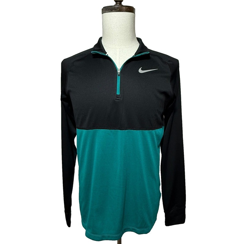 Nike Dri Fit Shirt Mens Medium Black Green Running 1/4 Zip Pullover Thumbholes gallery