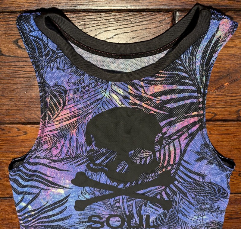 SOULCYCLE SKULL GOTH BLACK PURPLE LEAF TROPICAL UNISEX PERFORMANCE MESH TANK - S gallery