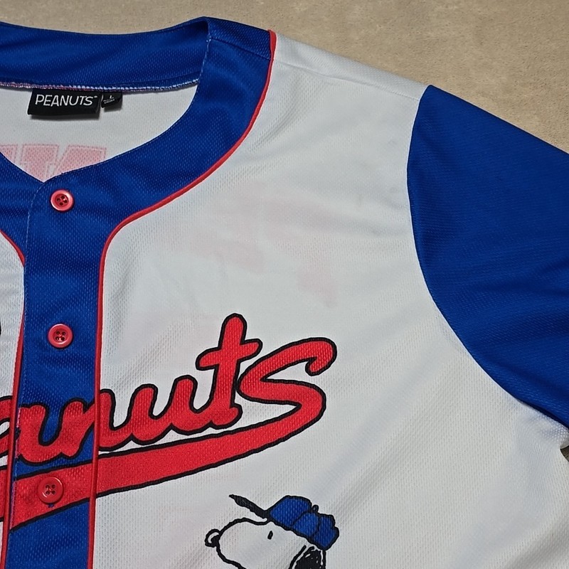 Peanuts Snoopy Baseball Jersey Large White Blue Button Front Short Sleeve gallery