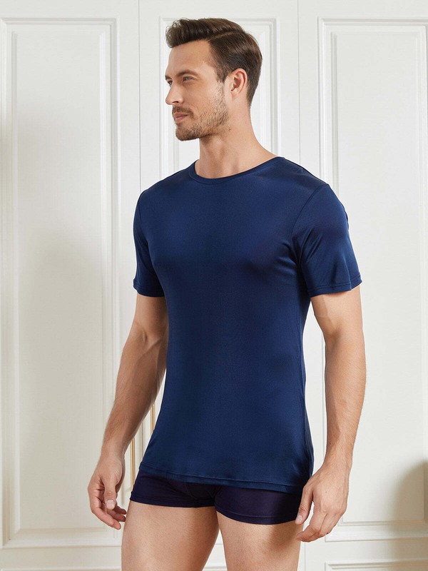 Men's Gym Real Silk Tank Top Knitted Short sleeve T-shirt Crew Neck Silk T Shirt gallery