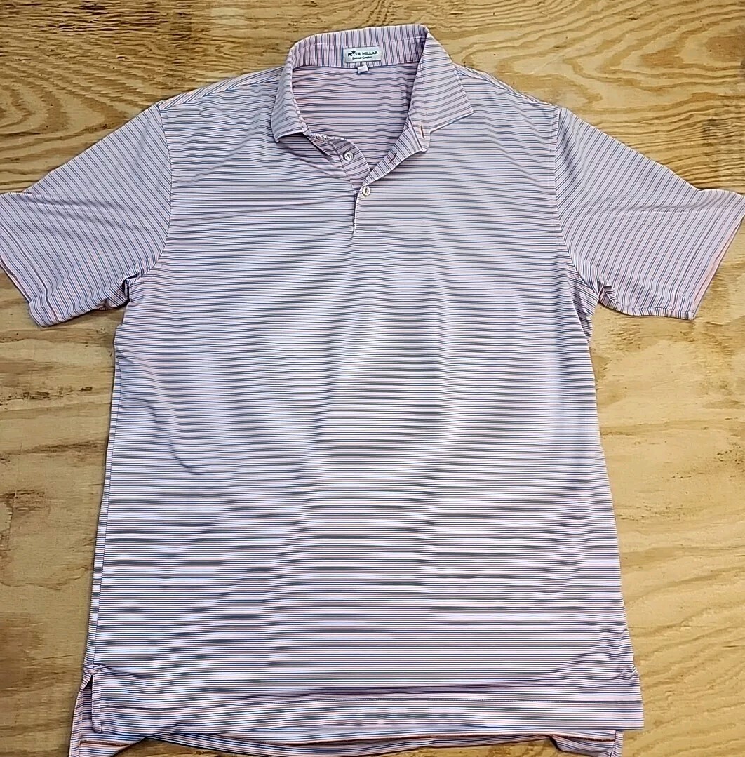 Peter Millar Summer Comfort PW Logo Pink Striped Golf Polo Shirt Mens Large gallery