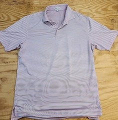 Peter Millar Summer Comfort PW Logo Pink Striped Golf Polo Shirt Mens Large