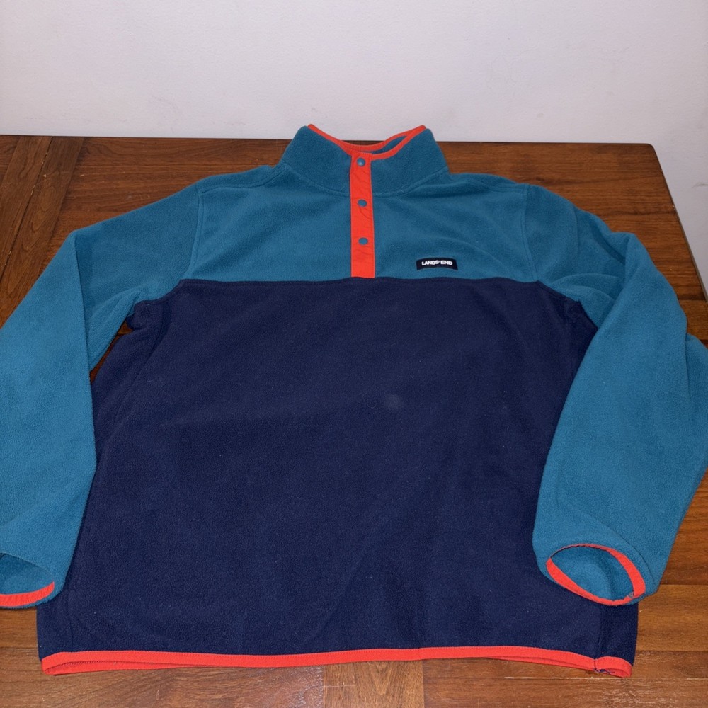Lands' End Fleece Pullover Top Shirt Soft Stretch Teal Navy Orange Men's Size L