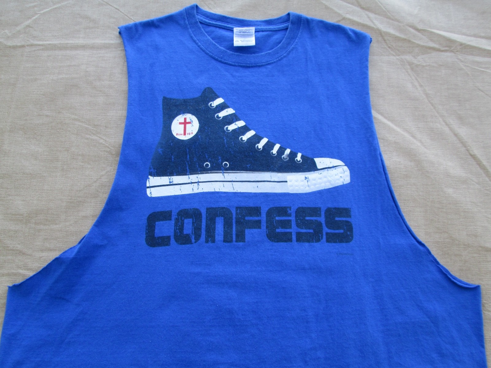 VINTAGE Converse Confess Sneaker Shirt XXL Blue Christian Religious Tank Top Men gallery