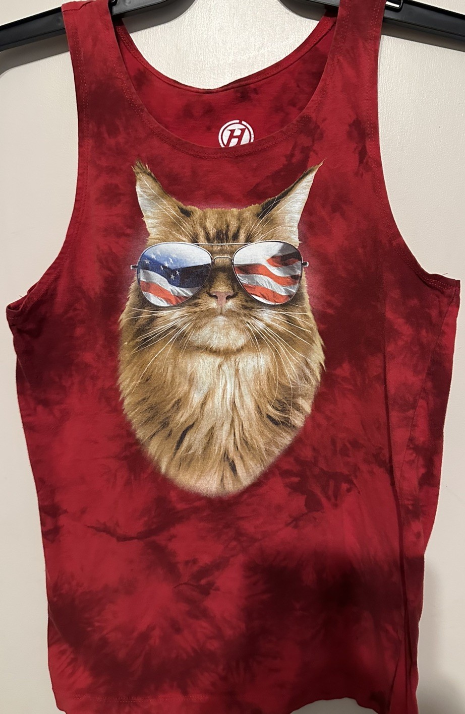 Hybrid Brand Tank Top Red Black Tie Dye Cat Flag Sunglasses Size S Muscle Shirt gallery