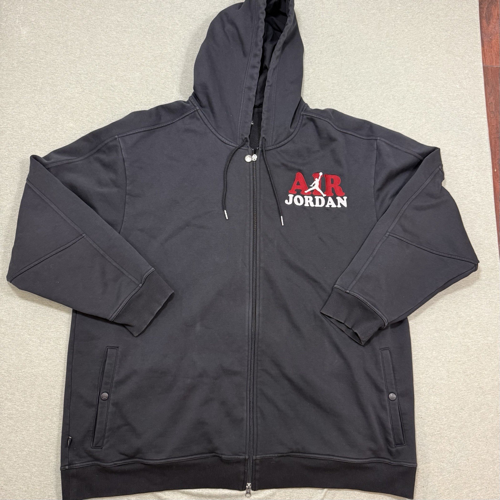 90s Air Jordan Embroidered Logo Full Zip Up Hooded Sweater Black White Size 3XL gallery