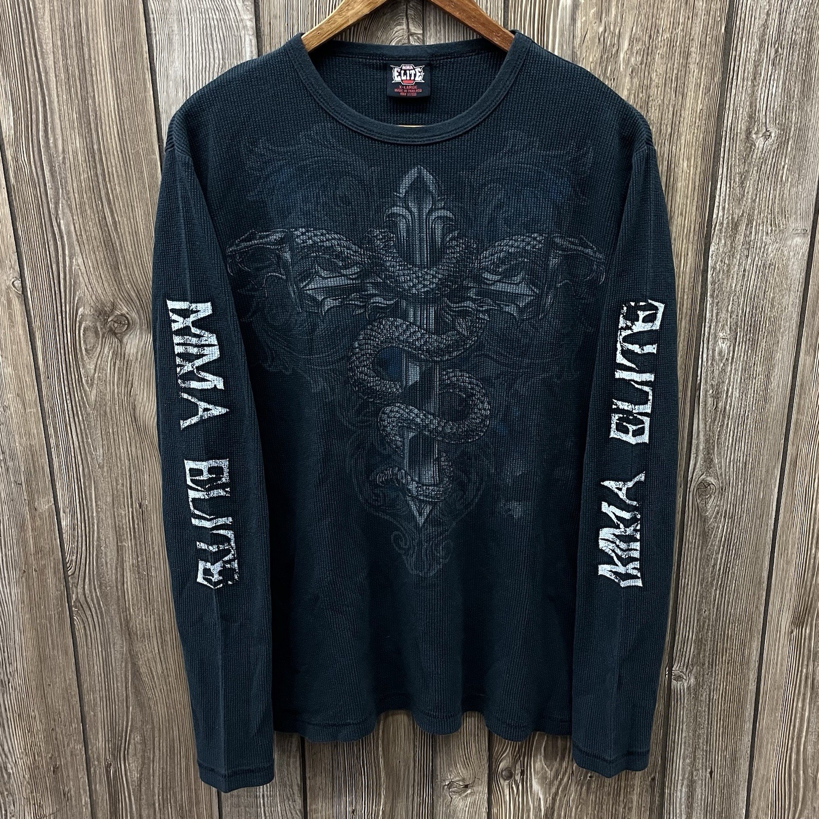 MMA Elite Waffle Knit Thermal Long Sleeve Shirt Y2K Gothic Cross Black Mens XL gallery