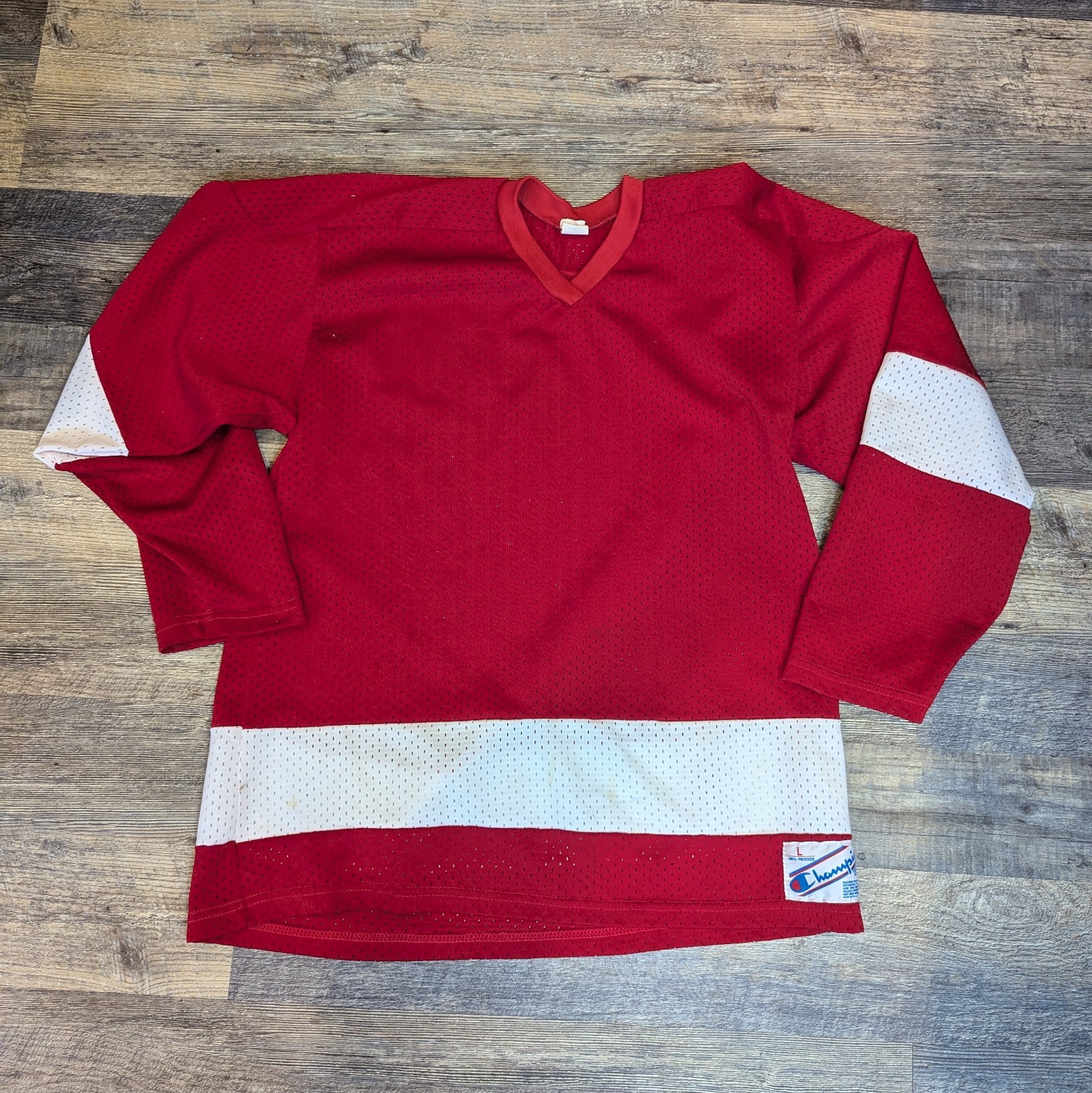 Vintage 80s Champion Hockey Jersey Made In USA Red White Large gallery