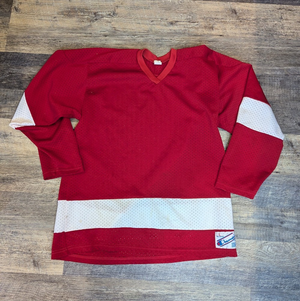 Vintage 80s Champion Hockey Jersey Made In USA Red White Large