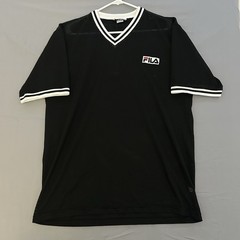 Vintage FILA V Neck T Shirt Mens Black White Ringer Spellout Logo Y2K Streetwear