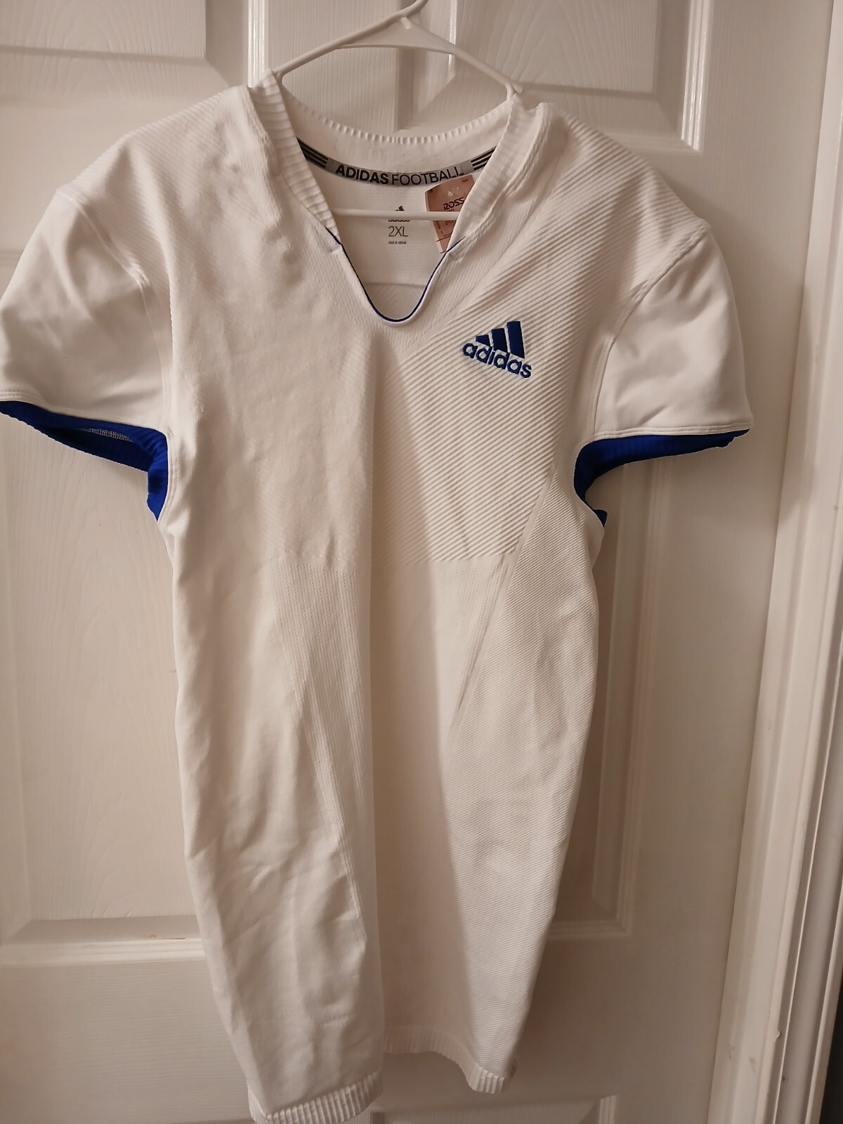 Adidas Football Compression Shirt. White With Blue Trim. NWT. Size 2XL. gallery