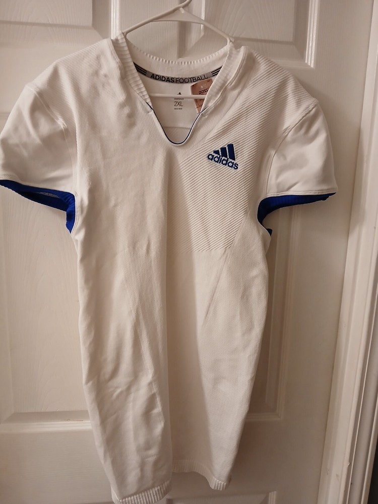 Adidas Football Compression Shirt. White With Blue Trim. NWT. Size 2XL.
