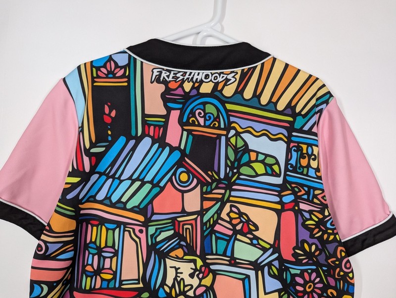 Fresh Hoods Baseball Jersey Men L Button Up Graphic Art Pink Streetwear Shirt gallery