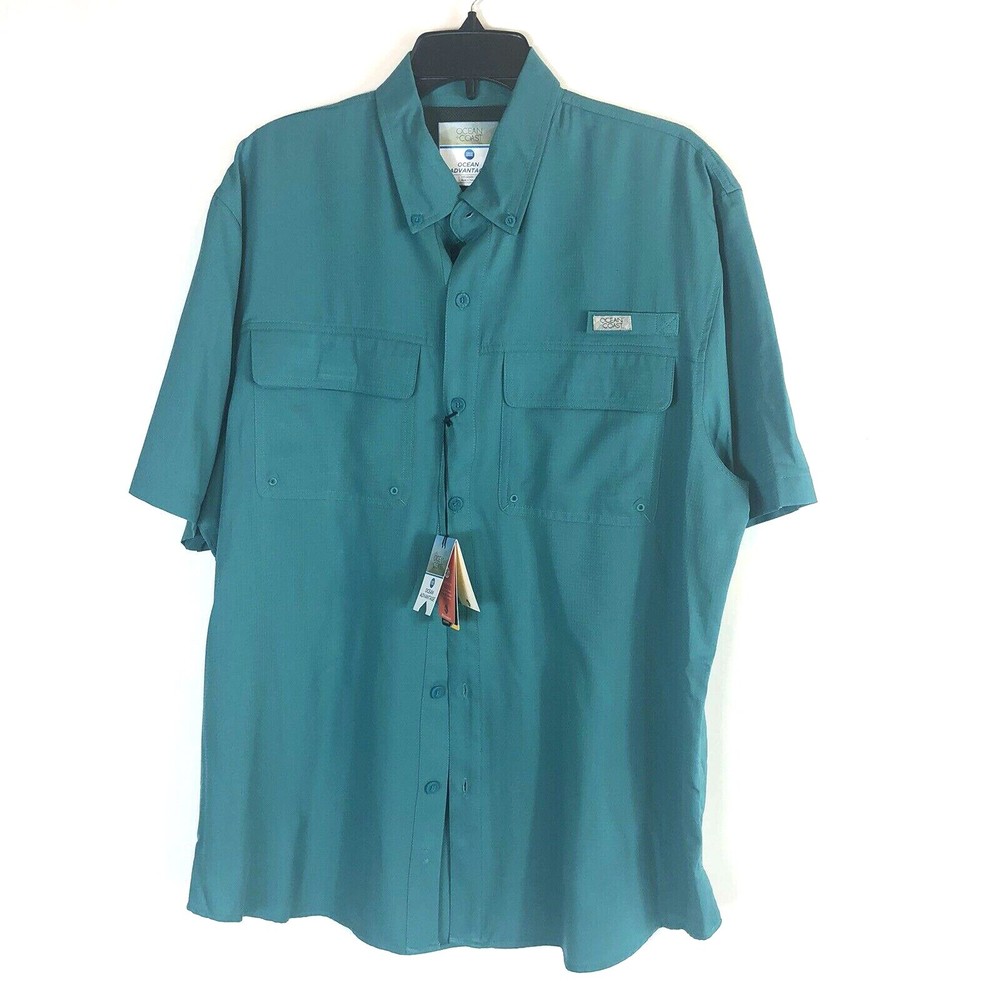 Men's Ocean Coast Teal Slate Button Up 2 Pocket Vent Breathable Moisture Wicking