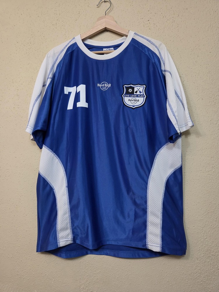 Hard Rock Cafe Shirt Mens XL Blue 71 Live Love Play Soccer Flag Jersey Graphic