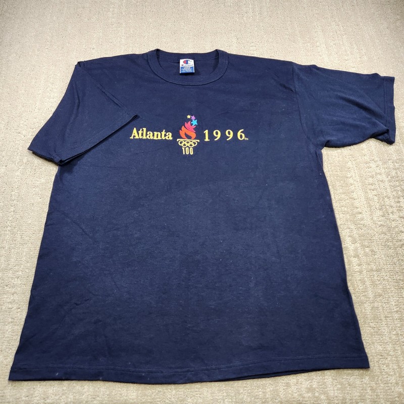 Vintage 90s Olympics Shirt Adult Large Atlanta 1996 Champion Cotton Tee Blue gallery