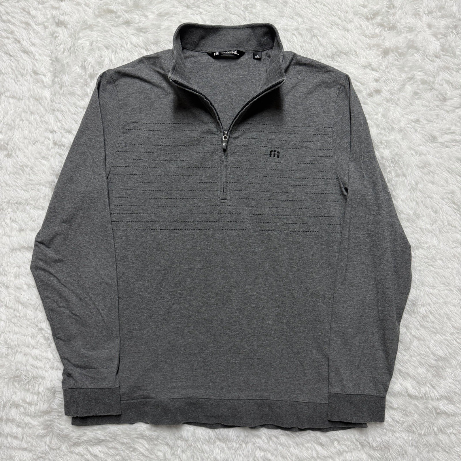 Travis Mathew Pullover Mens L Gray Stripe 1/4 Zip Golf Stretch Pocket Texas Flag gallery