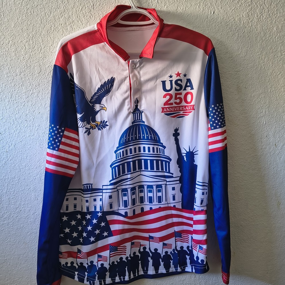 Men's USA 250 Anniversary Patriotic Long Sleeve Polo Shirt L 1/4 Button