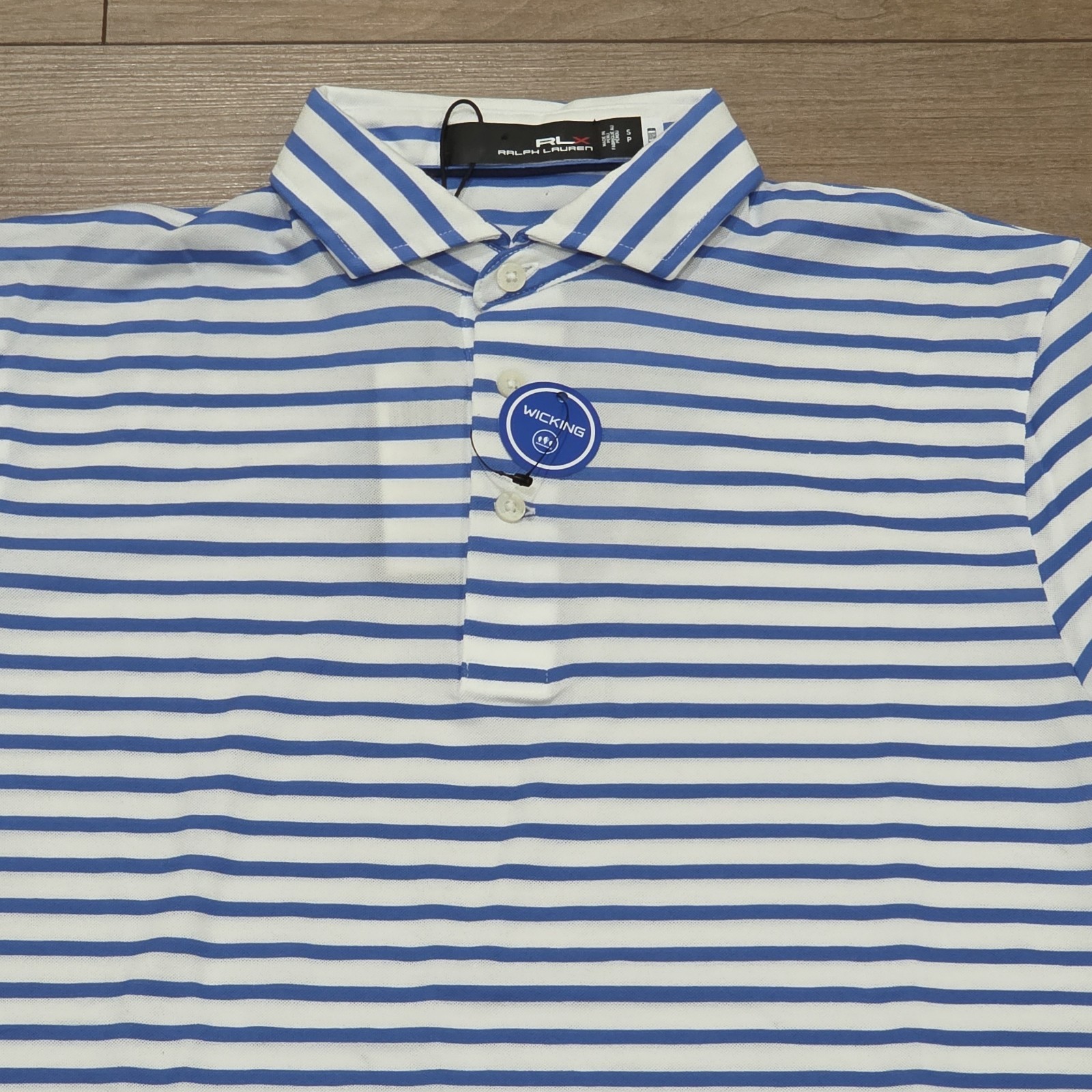$110 RLX Ralph Lauren Mens Small Golf Performance Polo Shirt White Blue Striped gallery