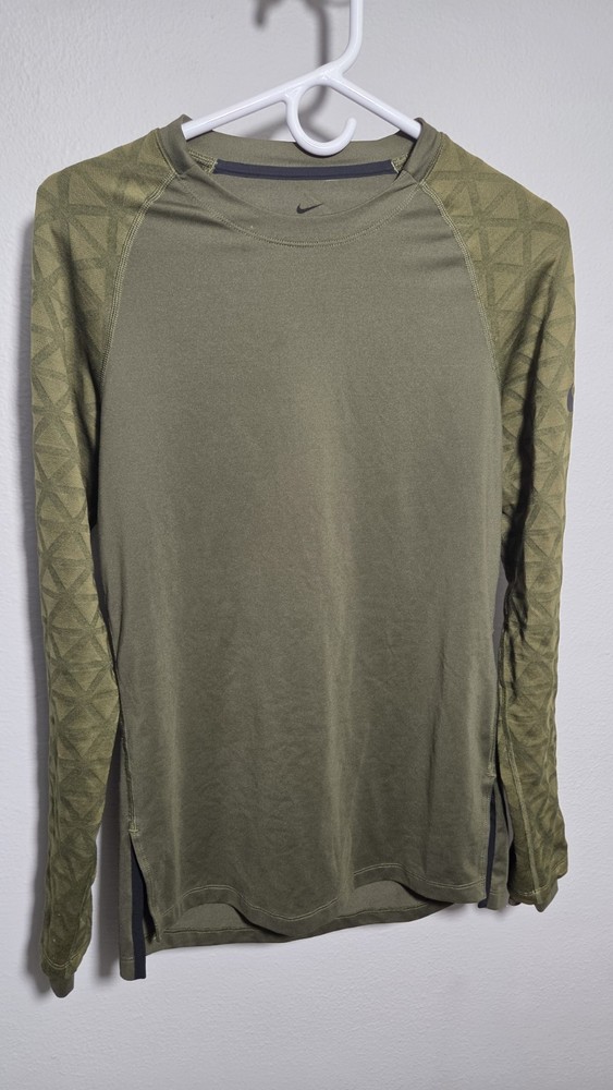 Nike Pro Men's S Green Geometric Compression Long Sleeve Raglan Crew Neck Shirt