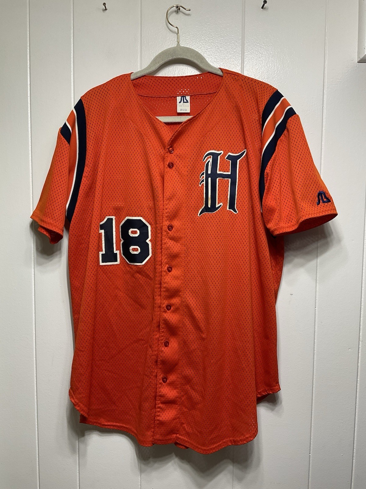 Sports Belle Inc Orange Mesh Baseball Jersey XL USA Made Vintage Sewn #18 H Mens gallery