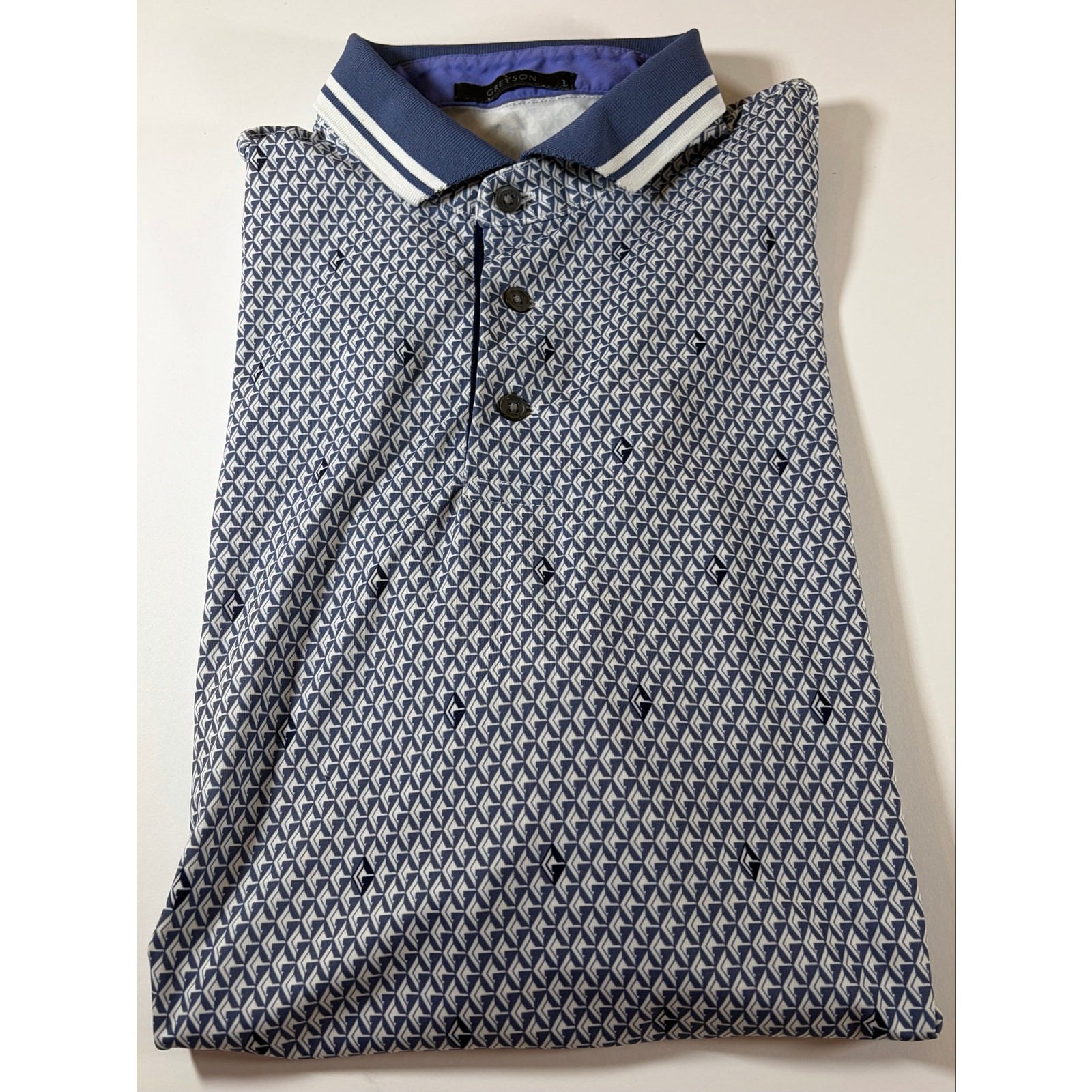 Greyson Men’s Large Blue Geometric Golf Polo Shirt Performance Stretch gallery