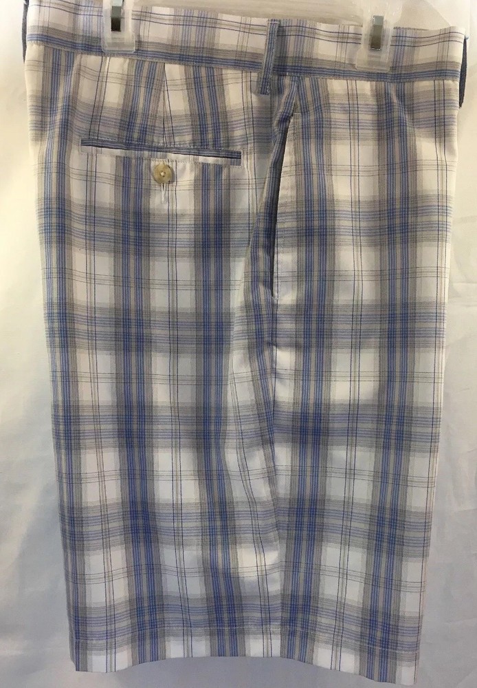Pro Tour Mens Golf Shorts Size 36 Flat Front Blue White Khaki Plaid and Checks