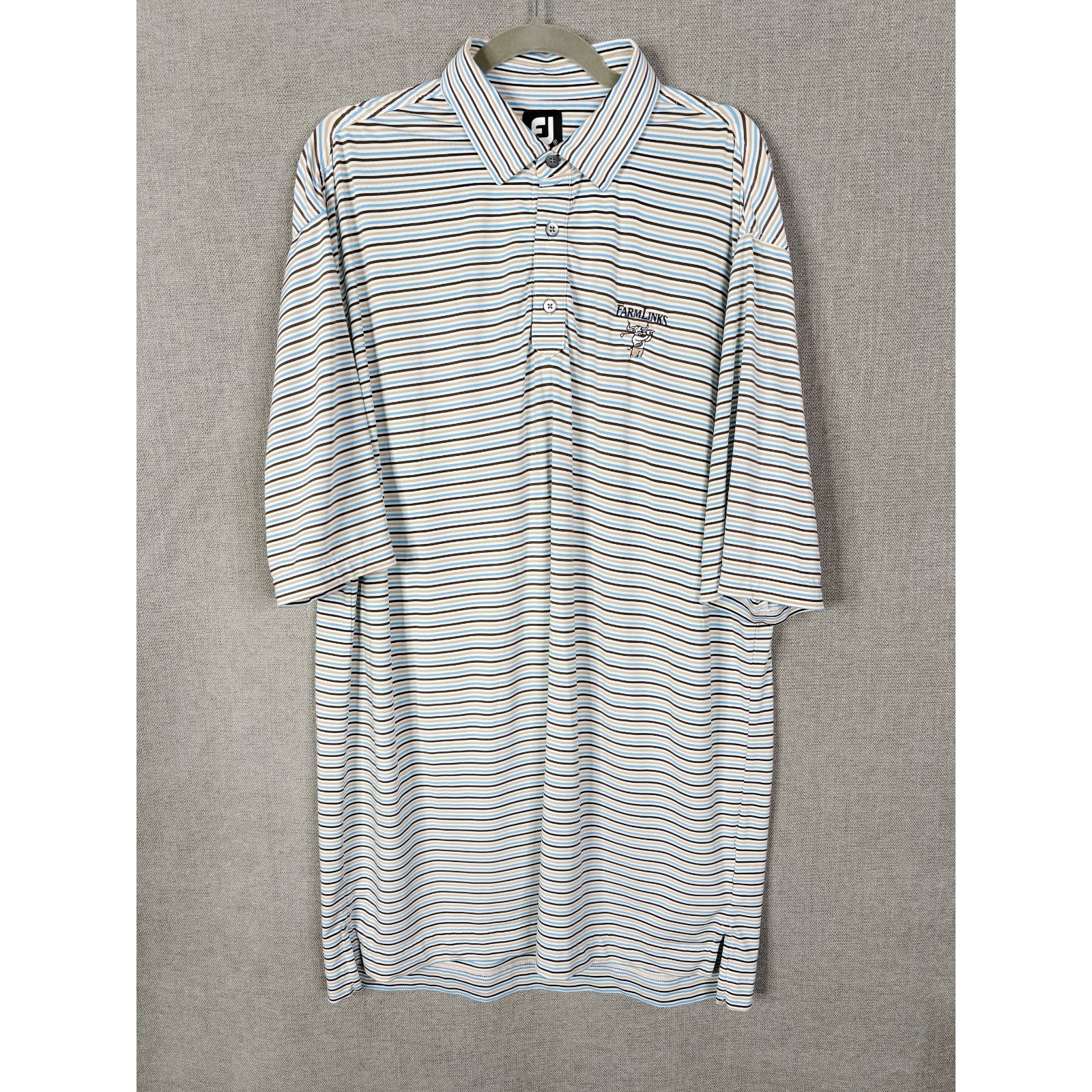 Footjoy Shirt Men Extra Large Blue Brown Striped Polo Farmlinks Logo Golf Casual gallery