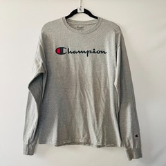 Champion Authentic Mens Gray Long Sleeve Classic Fitted Sports Logo T-Shirt Sz L