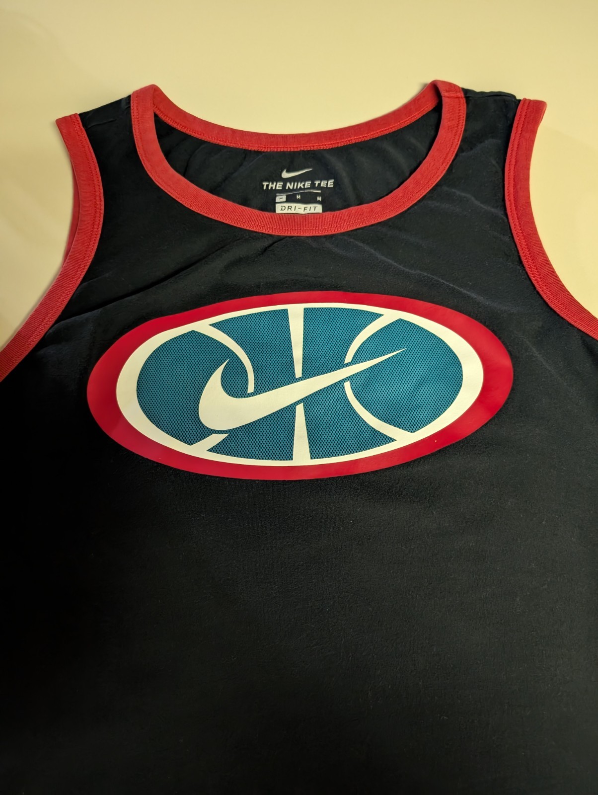 Nike Men's Dri-Fit Ringer Training Tank Top Midnight Blue and Volt Red Medium. gallery