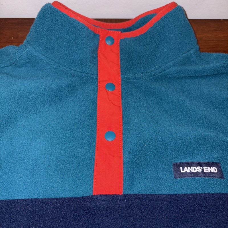 Lands' End Fleece Pullover Top Shirt Soft Stretch Teal Navy Orange Men's Size L gallery