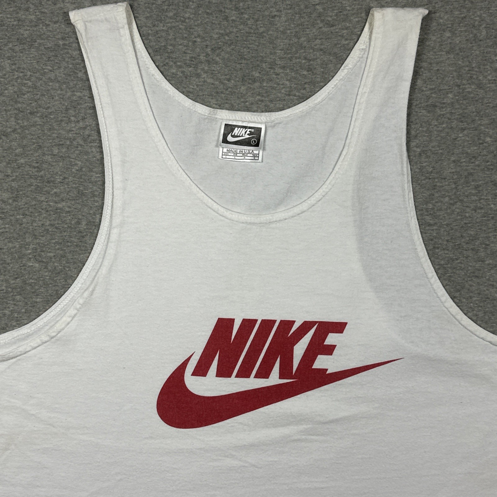 Vintage Nike Tank Top Mens Large Racerback Muscle Gym Lifting Red USA FLAW gallery