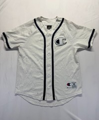 Champion Mesh Baseball Jersey Mens Medium White Black Button Front Athletic