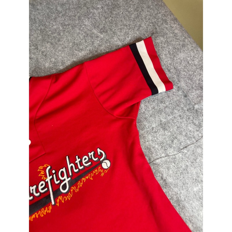 Vintage Firefighters Betlin Polo Shirt Mens Large Red Flame Baseball Sportswear gallery