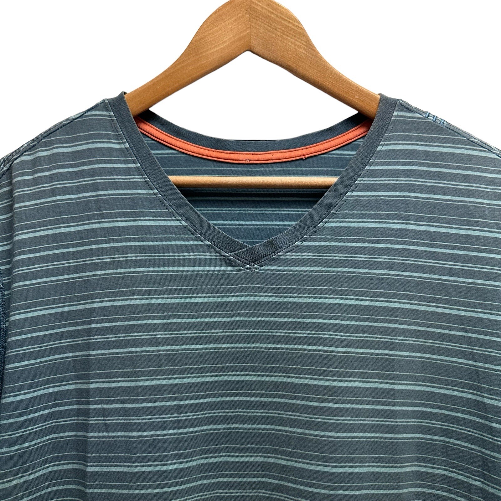 Lululemon Mens Sz Large 5 Year Basic V-Neck Tee T-Shirt Teal Blue Stripe S/S euc gallery