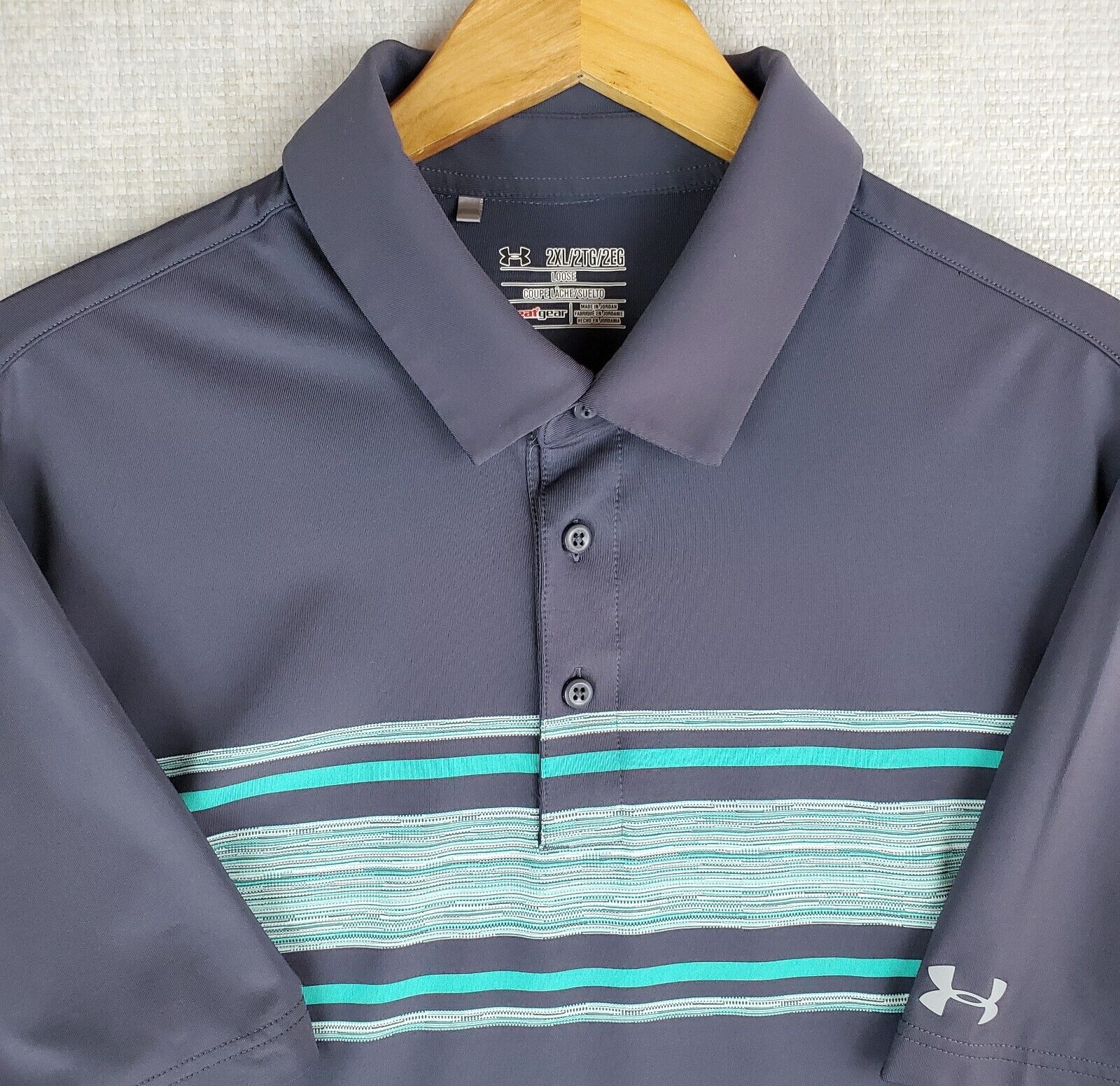 UNDER ARMOUR Size 2XL Mens HeatGear Gray/Green Striped Polo Shirt Performance gallery