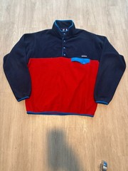 Patagonia Synchilla Fleece Jacket Mens L Blue Red Snap-T Pullover Hiking Outdoor