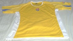 CHALLENGER BRITISH SOCCER Medium Yellow White Blue SS Football Jersey Shirt EUC