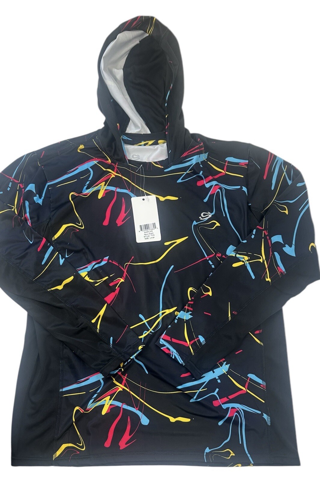 Surflife Top Men’s Size Large Black Neon Night Print Hood Lightweight SPF 50 NWT gallery