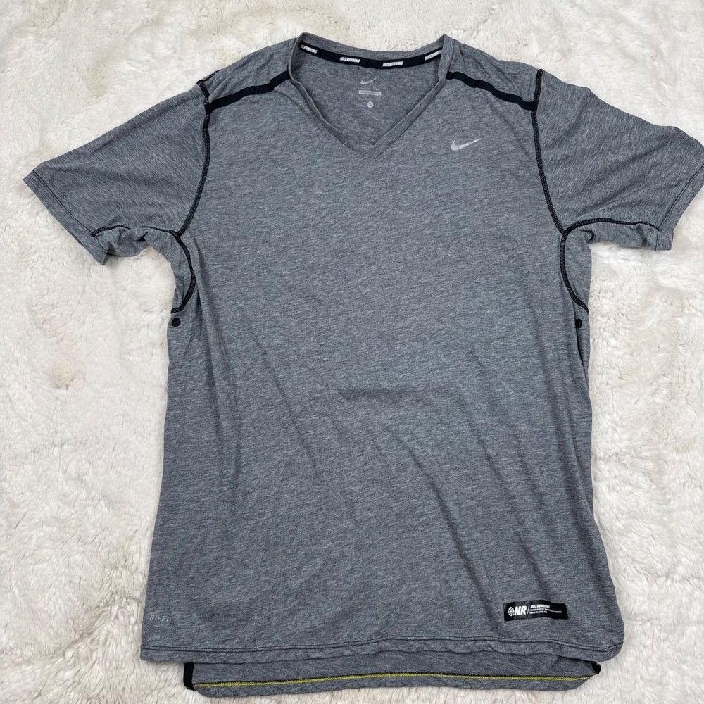 Nike Running Dri-FIT Shirt Men Large Gray V-Neck Zipper Key Pocket Cotton Blend
