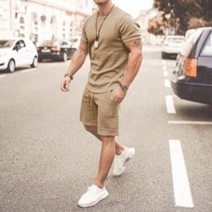 T Shirts Men Solid Beige Short Sleeve Sport Tracksuit Drawstring Shorts SET 2PCS