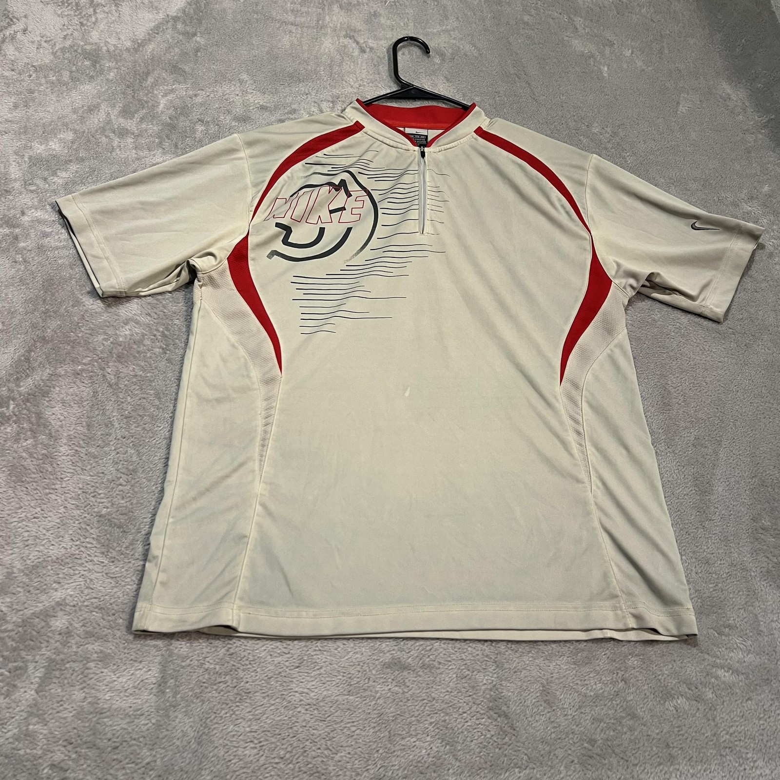 Nike Shirt Mens XL Beige Red Swoosh Performance Polo Athletic Quarter Zip VTG gallery