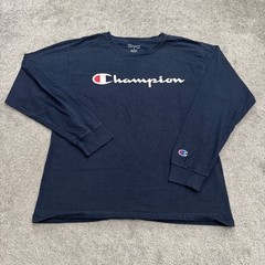 Champion Graphic Long Sleeve T-Shirt Mens Medium Navy Blue Crew Neck Cotton Tee