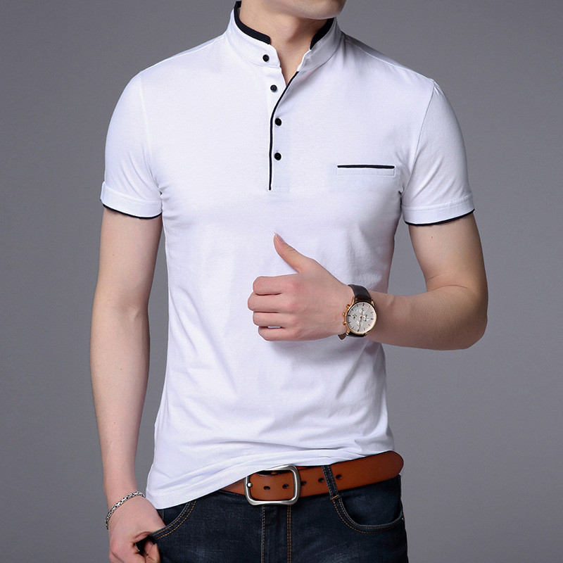 Summer Men's Stand-up Collar Short Sleeve Cotton T Solid Color Slim-fit T-shirt gallery