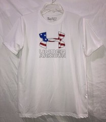 Under Armour T-Shirt Sz YXL Black Loose Heat Gear Athletic US Flag Short Sleeve